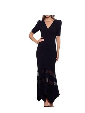 NWT Xscape Black Maxi Dress with V-Neck and Puff Shoulders and Sheer Panels
